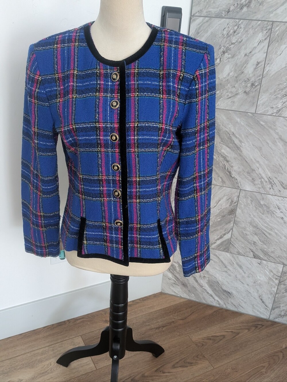 Blue Plaid Button-Front Blazer with Black Trim